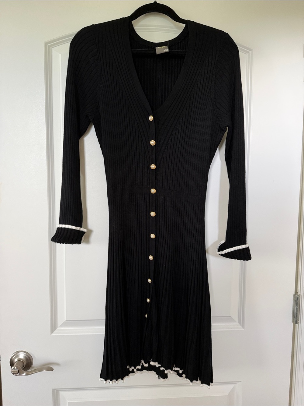 Taylor Black Ribbed Button-Front Long Sleeve Sweater Dress with White Trim